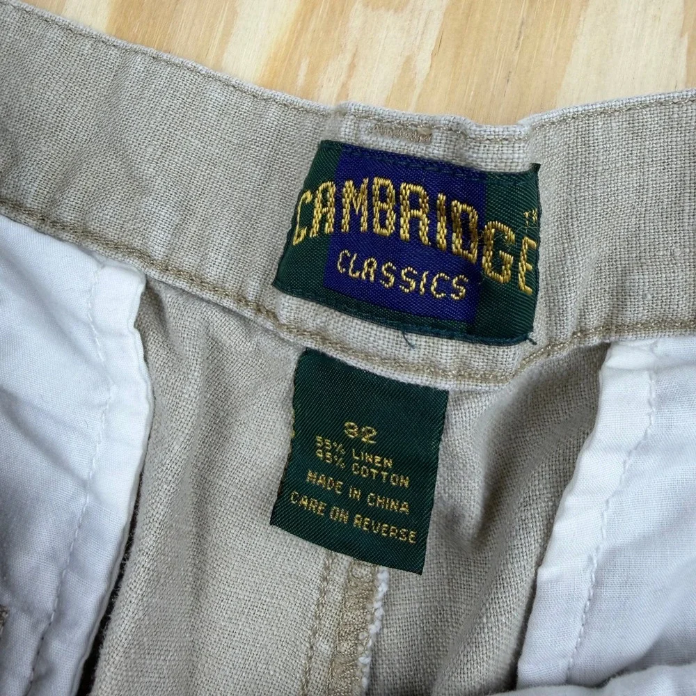 Cambridge Classics Mens 32 Tan Linen Blend Pleated Cuffed Shorts old money